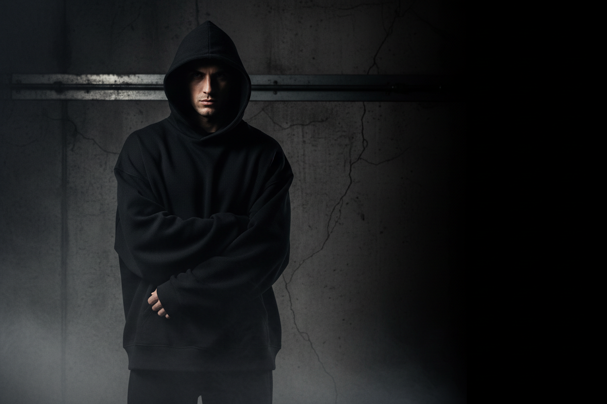 dark luxury fashion banner,
male model in black oversized hoodie,
hood up, face partly hidden in shadow,
cinematic directional lighting,
high contrast, deep shadows,
subtle fog, moody atmosphere,
dark textured background,
elite streetwear aesthetic,
serious expression, no smile,
negative space for text,
ultra realistic, cinematic grain

--ar 21:9 --style raw