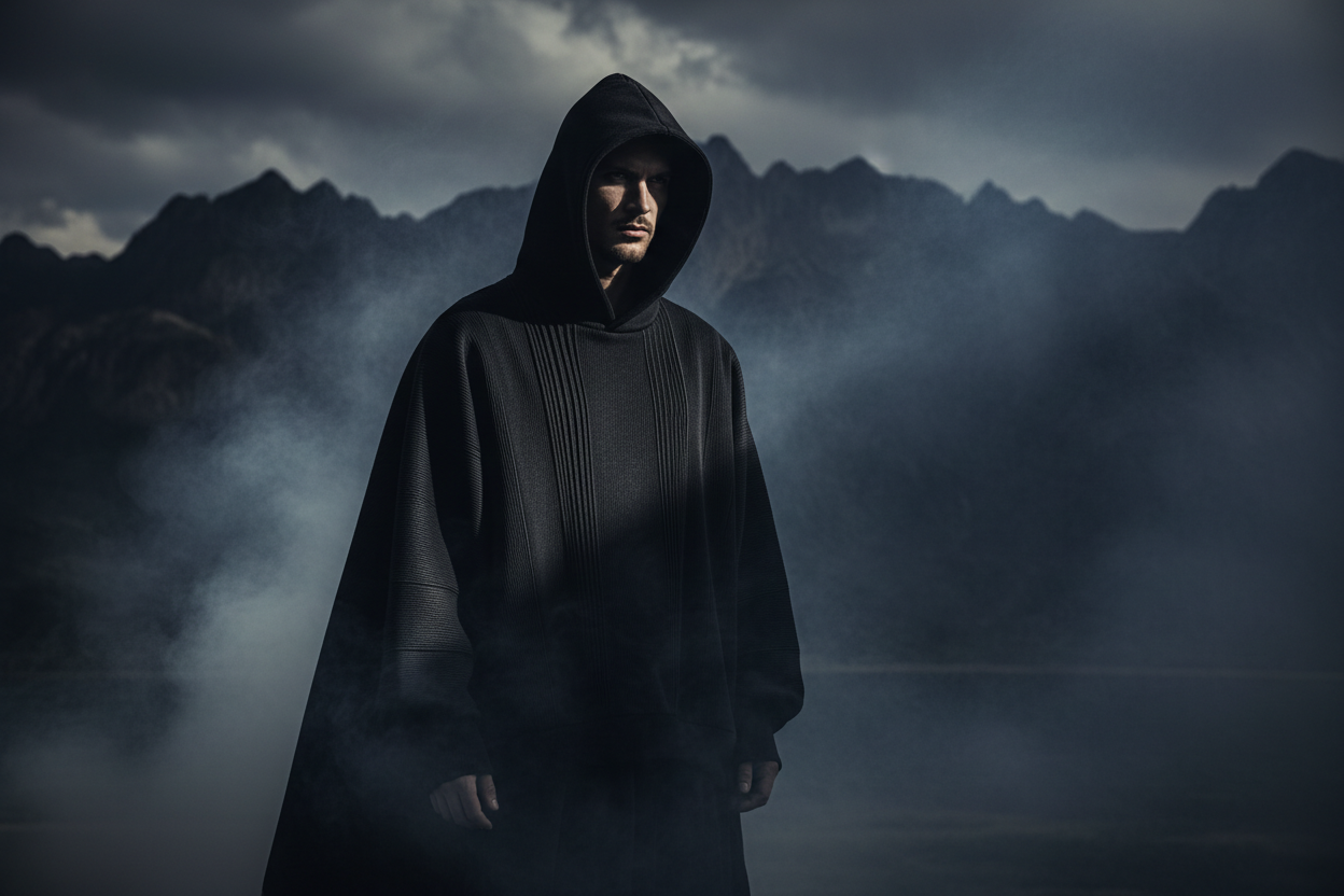 dark luxury fashion editorial photo of a male model wearing a black oversized hoodie,
face partially hidden in shadow, cinematic lighting, fog and smoke atmosphere,
moody mountains background, ultra realistic, high contrast,
fashion photography, dark aesthetic, luxury streetwear,
shot on 85mm lens, shallow depth of field, dramatic shadows